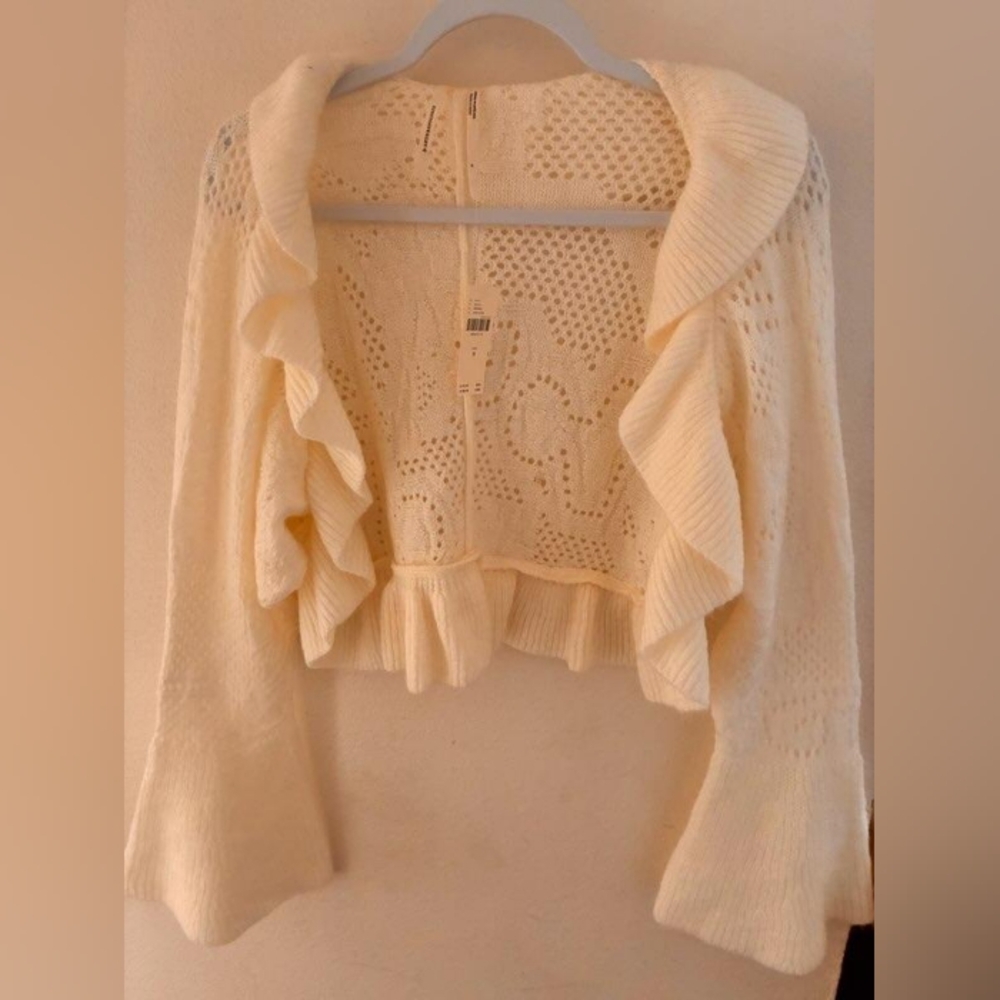 Anthropologie White Open-Knit Bell Sleeve Sweater - Picture 3 of 5